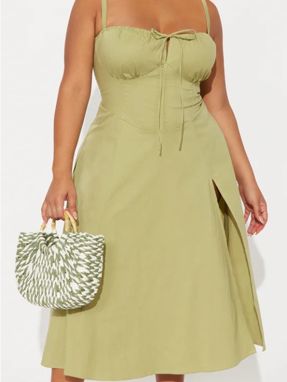 Sage Green Corset Midi Dress with Side Slit